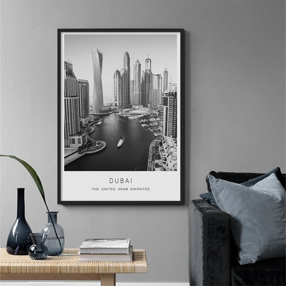 Dubai Travel Travel Poster Black and White Photo City Wall Art Prints United Arab Emirates Minimalist Office Canvas Painting