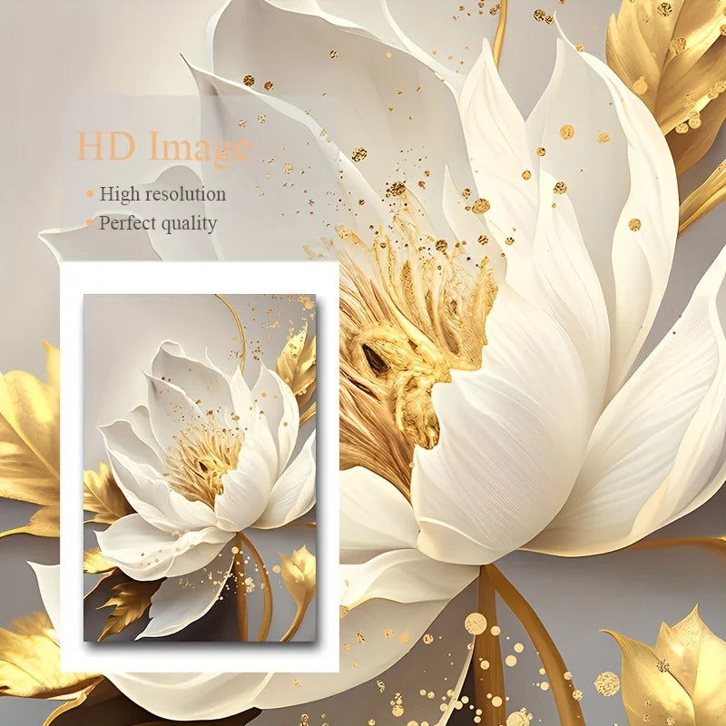 Abstract Nordic Floral White Petal Golden Leaf Flowers Wall Art Fine Art Canvas Prints Pictures For Bedroom Living Room Hotel Room Art Decor