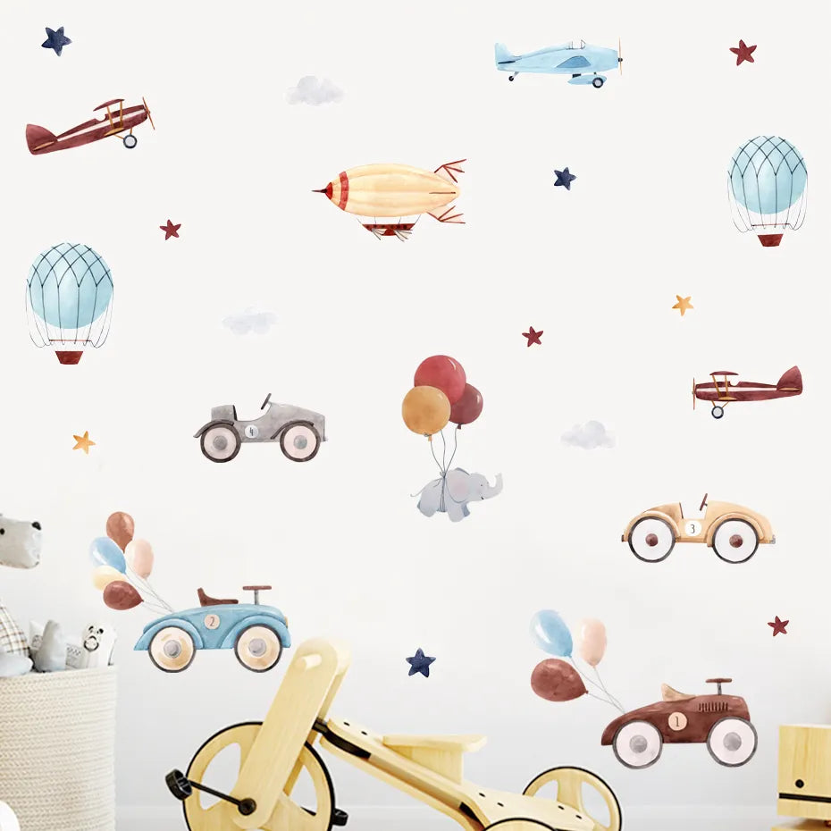 Planes Balloons & Automobiles Wall Sticks For Baby's Room Decor Removable Peel & Stick PVC Wall Decals For Creative Kid's Room Wall Decoration
