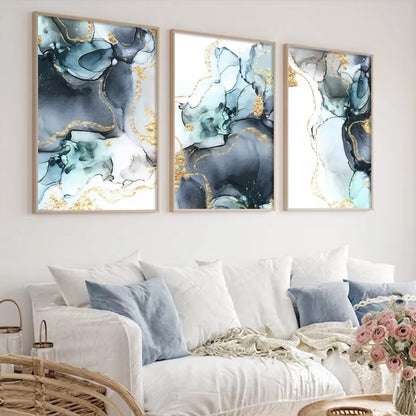 Nordic Abstract Shades Of Golden Blue Liquid Marble Print Wall Art Fine Art Canvas prints For Living Room Dining Room Bedroom Art Decor