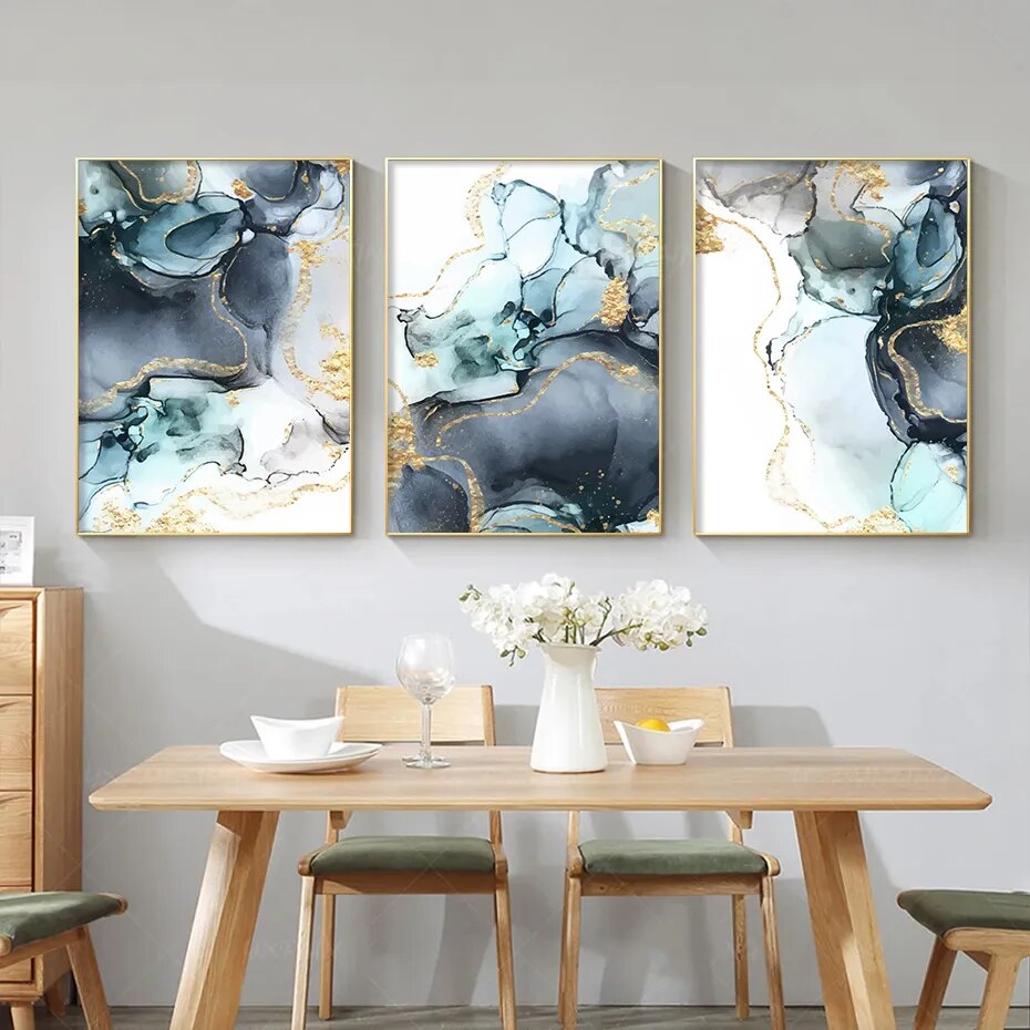 Nordic Abstract Shades Of Golden Blue Liquid Marble Print Wall Art Fine Art Canvas prints For Living Room Dining Room Bedroom Art Decor