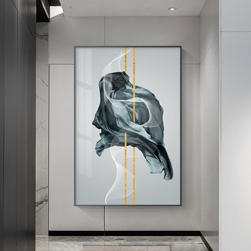 Modern Abstract Green Blue Golden Flowing Nordic Wall Art Fine Art Canvas Prints Pictures For Living Room Dining Room Bedroom Art Decor
