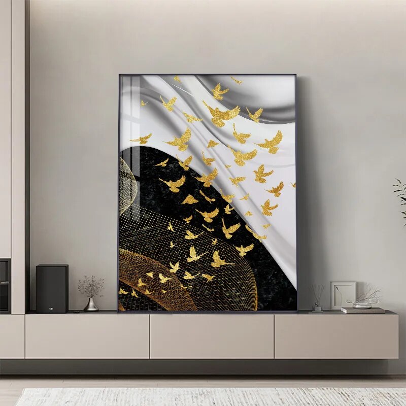 Modern Abstract Birds Flowing Wall Art Fine Art Canvas Prints Black White Nordic Golden Pictures For Luxury Apartment Living Room Home Office Decor