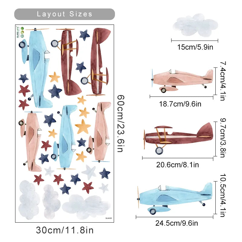Planes Balloons & Automobiles Wall Sticks For Baby's Room Decor Removable Peel & Stick PVC Wall Decals For Creative Kid's Room Wall Decoration