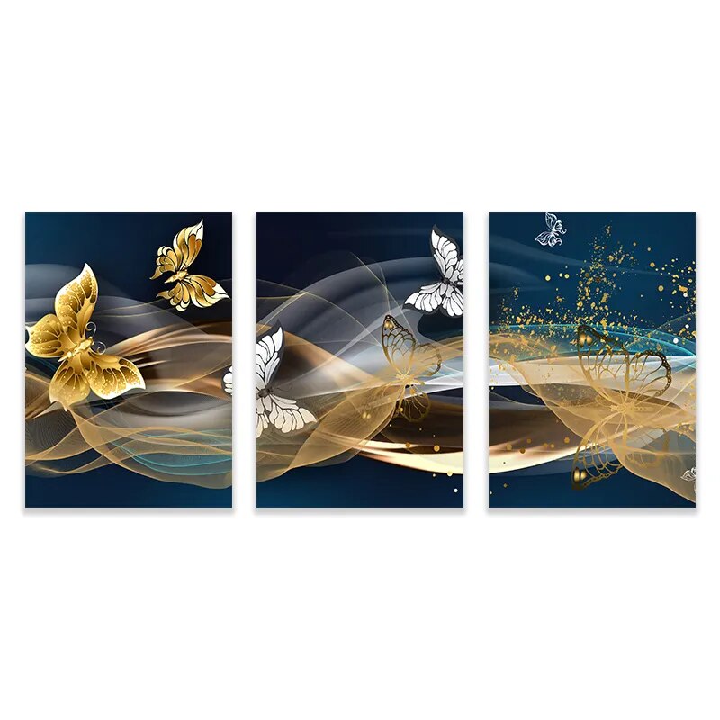 Blue Golden Butterflies Abstract Geometry Wall Art Fine Art Canvas Prints Modern Abstract Auspicious Pictures For Living Room Wall Decor