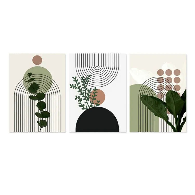 3pcs Modern Abstract Green Plants Leaf Sun Lines Wall Boho Art Canvas Painting Posters Prints Pictures Living Room Decor Gifts