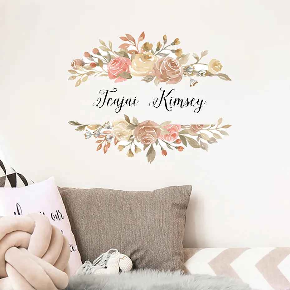 Personalized Floral Name Wreath Wall Decal For Nursery Room Removable Peel & Stick Vinyl Wall Stick For Kid's Room Creative DIY Home Decor