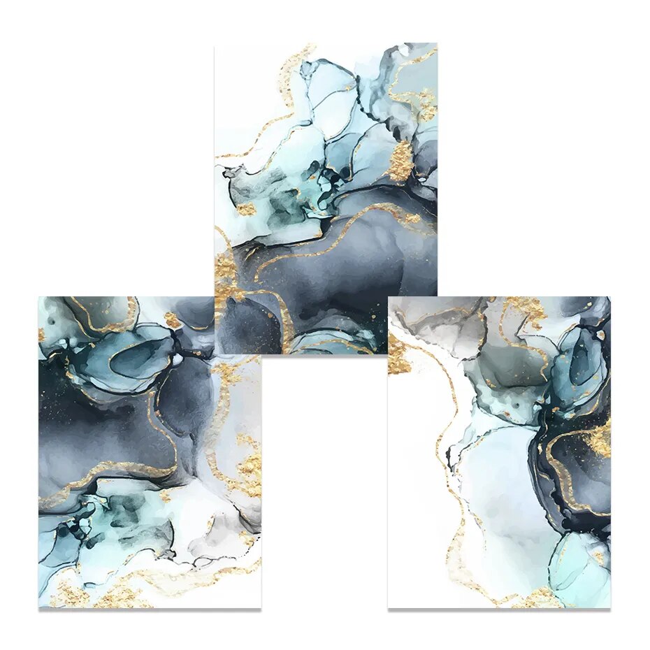 Nordic Abstract Shades Of Golden Blue Liquid Marble Print Wall Art Fine Art Canvas prints For Living Room Dining Room Bedroom Art Decor