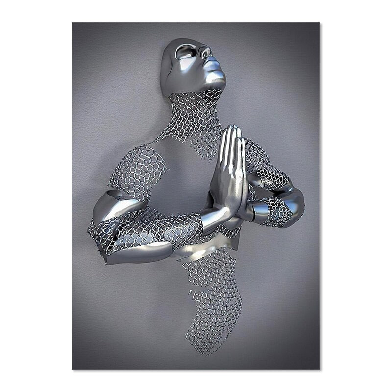 Gray Metallic 3d Effect Cyborg Lovers Figure Art Wall Art Fine Art Canvas Prints Abstract Pictures For Modern Loft Living Room Decor