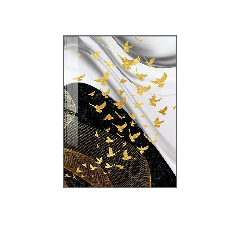Modern Abstract Birds Flowing Wall Art Fine Art Canvas Prints Black White Nordic Golden Pictures For Luxury Apartment Living Room Home Office Decor