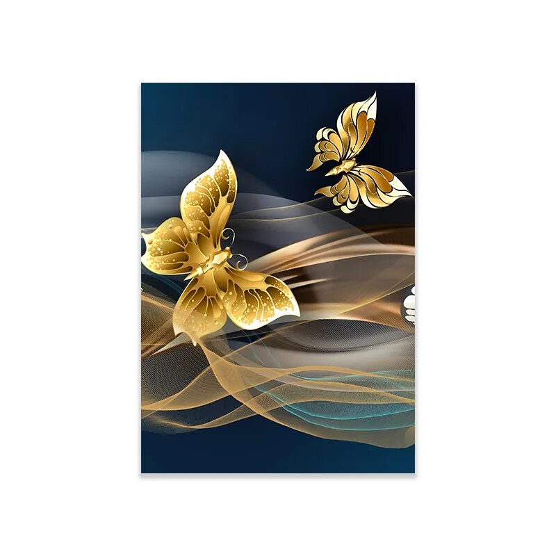 Blue Golden Butterflies Abstract Geometry Wall Art Fine Art Canvas Prints Modern Abstract Auspicious Pictures For Living Room Wall Decor