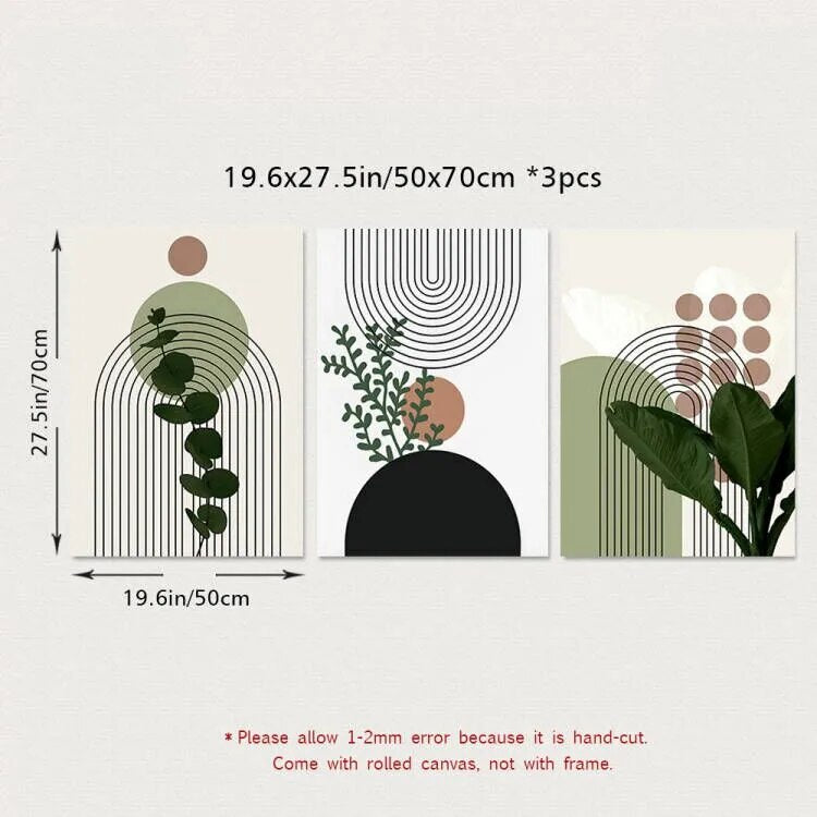 3pcs Modern Abstract Green Plants Leaf Sun Lines Wall Boho Art Canvas Painting Posters Prints Pictures Living Room Decor Gifts