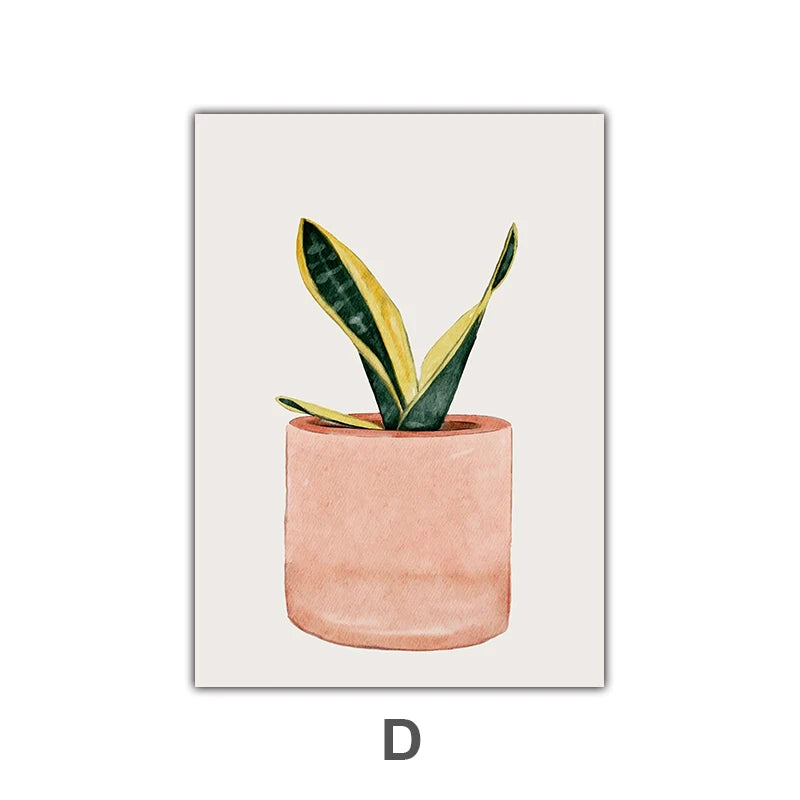 Minimalist Watercolor Cactus Potted Plant Green Leaves Wall Art Fine Art Canvas Prints Pictures For Dining Room Living Room Art Decor
