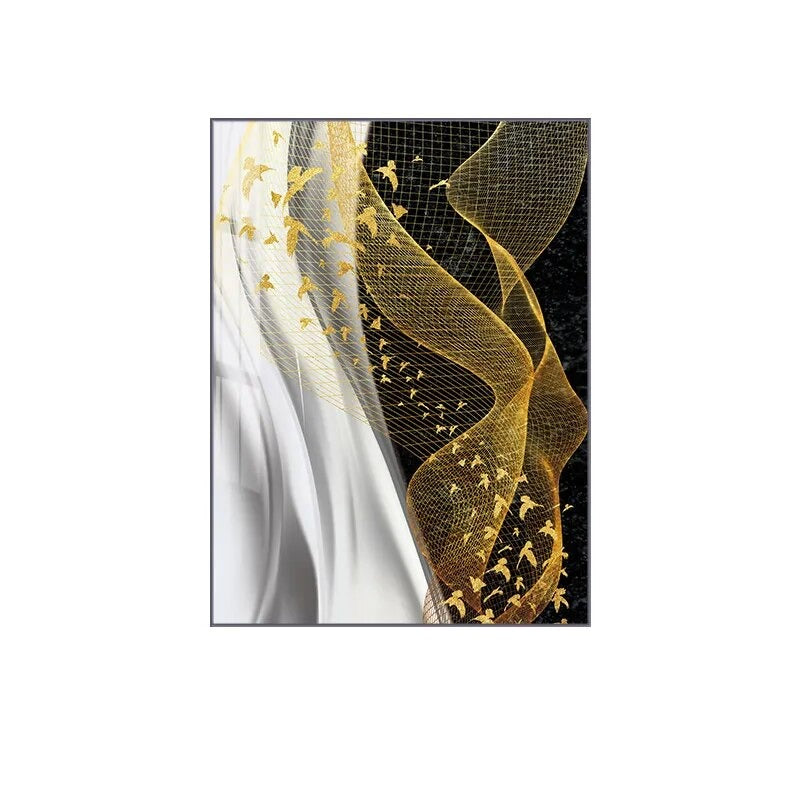 Modern Abstract Birds Flowing Wall Art Fine Art Canvas Prints Black White Nordic Golden Pictures For Luxury Apartment Living Room Home Office Decor