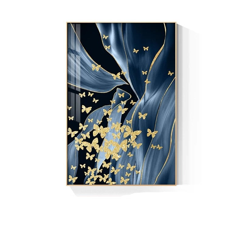Blue Floral Abstract Golden Birds Butterflies Wall Art Fine Art Canvas Prints Modern Pictures For Luxury Living Room Bedroom Home Decor