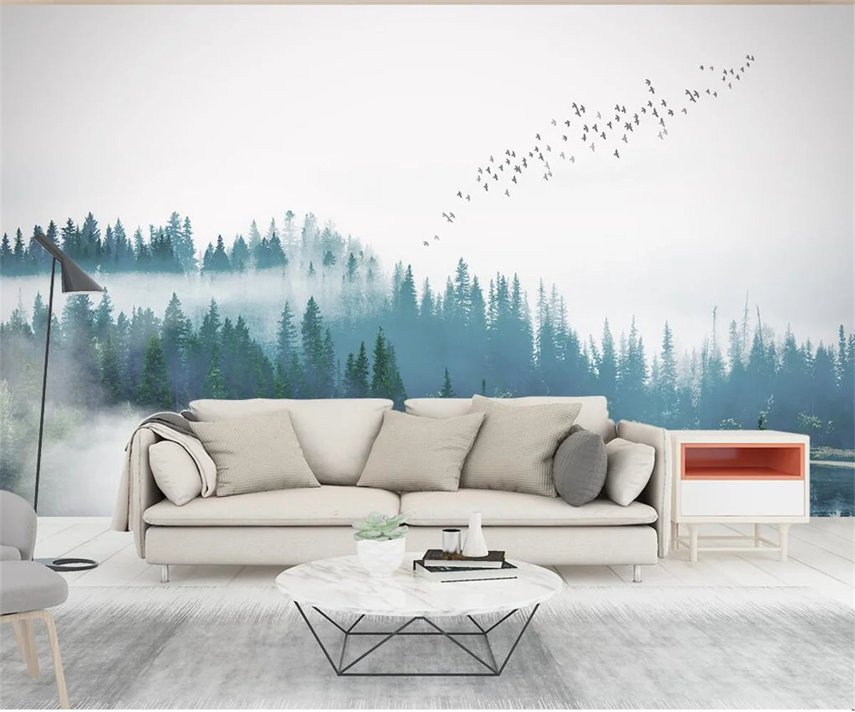 Misty Forest Landscape Wall Mural Big Format Printed Nordic Wallcovering Wallpaper For Modern Living Room Creative Home Office Wall Decoration