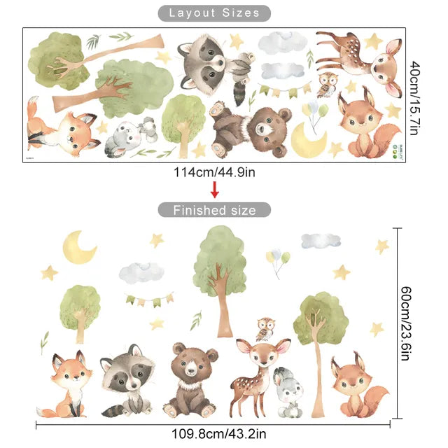 Cartoon Door Stickers Forest Animals Bear Rabbit Watercolor Wall Sticker for Kids Room Baby Nursery Room Wall Decals Home Decor