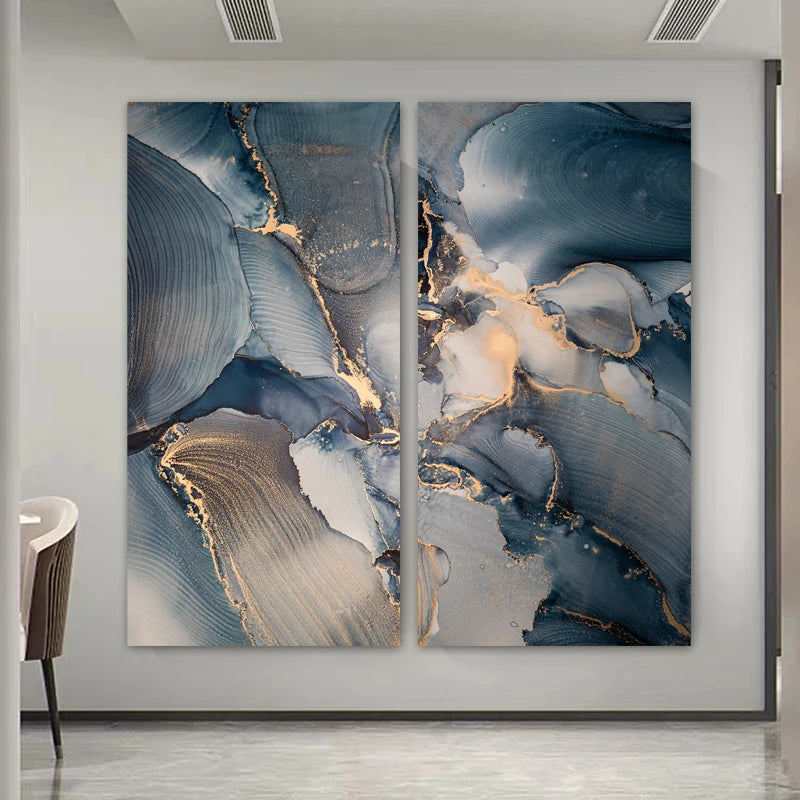 Set of 3Pcs Abstract Golden Blue Liquid Marble Print Wall Art Fine Art Canvas Prints Pictures For Modern Living Room Bedroom Home Office Decor