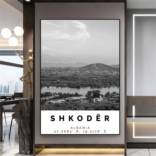 Shkoder Albania Travel Poster Black White Balkan Cityscape Landscape Wall Art Fine Art Canvas Prints Pictures For Home Office Decor