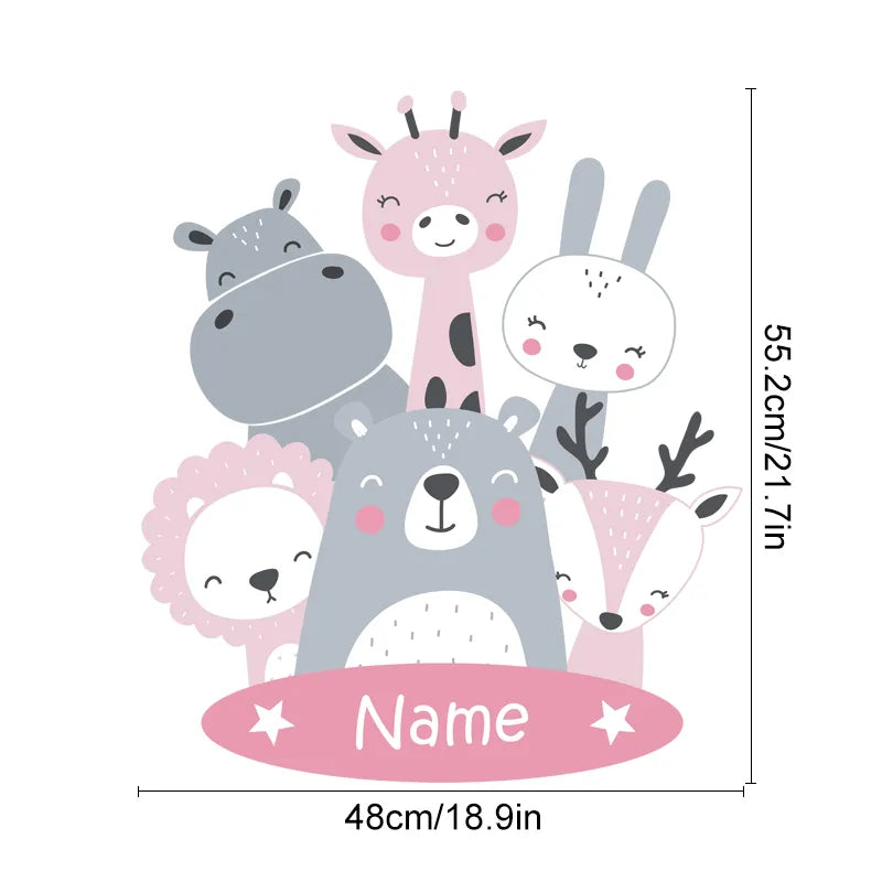 Cute Animals Baby Hippo Bear Lion Fox Deer Personalized Baby's Name Wall Decals Removable Peels & Stick PVC Wall Stickers For Nursery Wall Decor