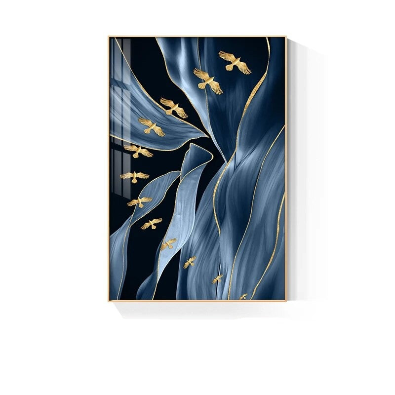 Blue Floral Abstract Golden Birds Butterflies Wall Art Fine Art Canvas Prints Modern Pictures For Luxury Living Room Bedroom Home Decor
