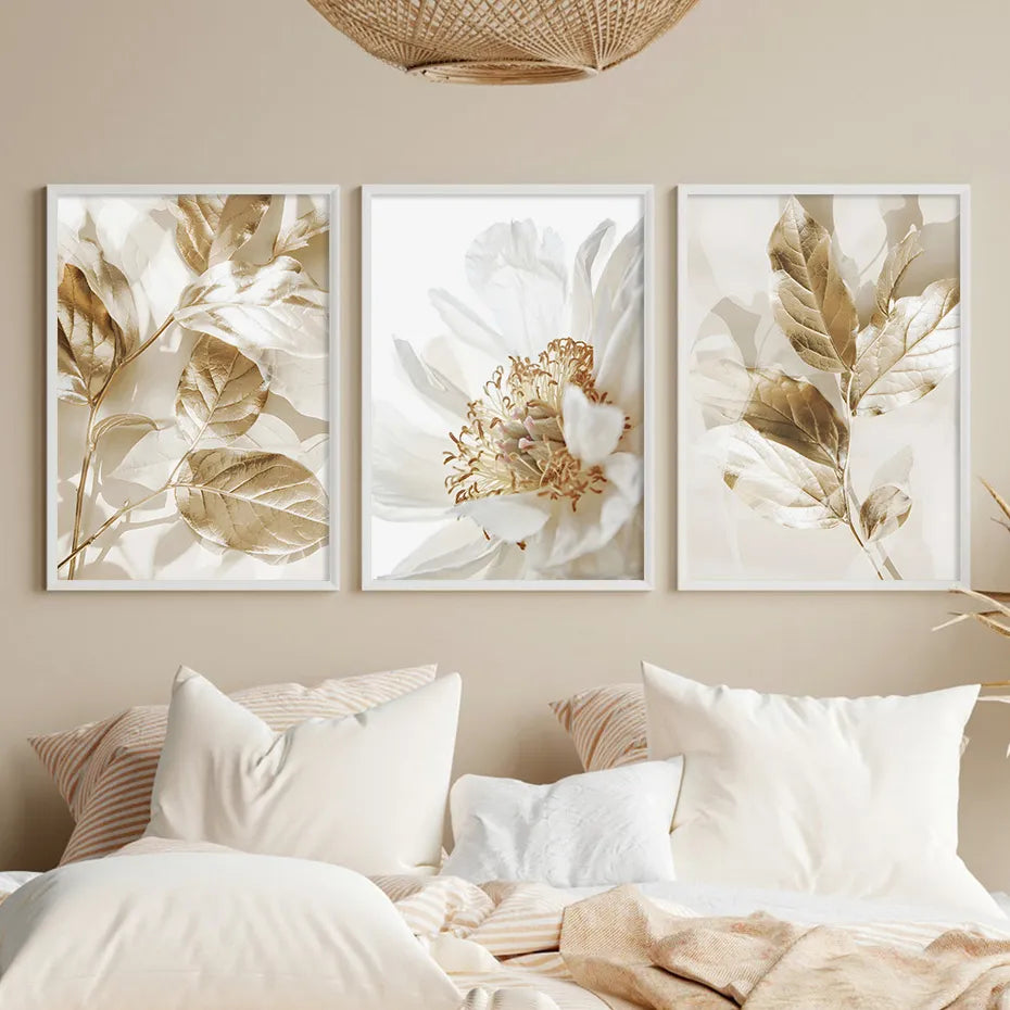 3PCS Modern White Floral Golden Leaves Posters Wall Art Canvas Painting Prints Pictures Living Room Interior Home Decoration