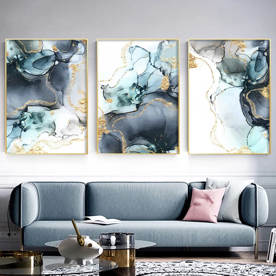 Nordic Abstract Shades Of Golden Blue Liquid Marble Print Wall Art Fine Art Canvas prints For Living Room Dining Room Bedroom Art Decor