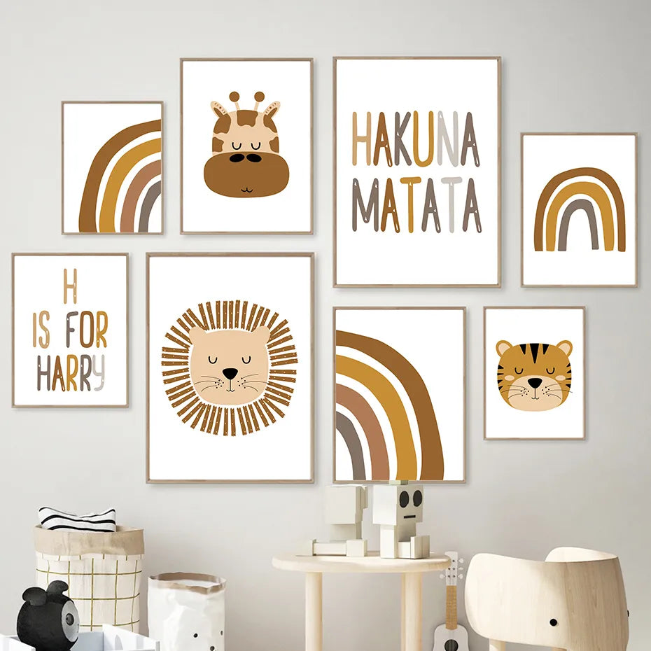 Personalized Nordic Nursery Wall Art Cute Lion Tiger Giraffe Rainbow Safari Fine Art Canvas Prints Pictures For Baby's Room Children's Room Decor
