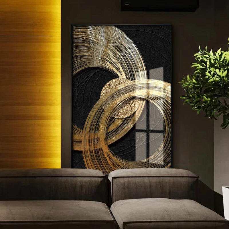 Abstract Black Golden Rings Wall Art Fine Art Canvas Prints Modern Aesthetics Pictures For Living Room Office Boutique Hotel Room Decor