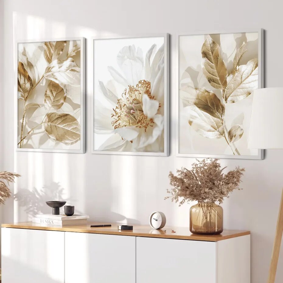 3PCS Modern White Floral Golden Leaves Posters Wall Art Canvas Painting Prints Pictures Living Room Interior Home Decoration