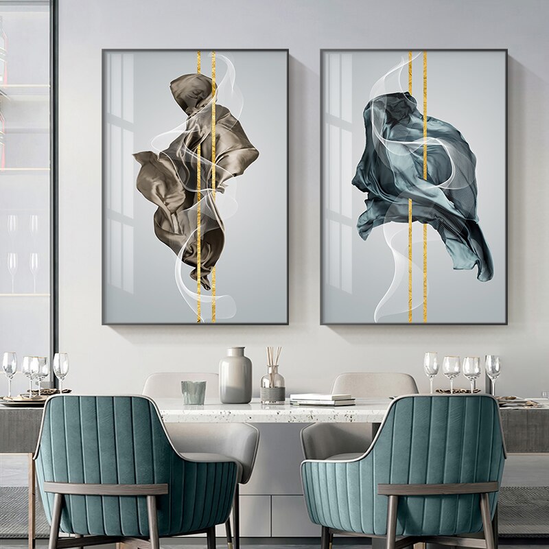 Modern Abstract Green Blue Golden Flowing Nordic Wall Art Fine Art Canvas Prints Pictures For Living Room Dining Room Bedroom Art Decor