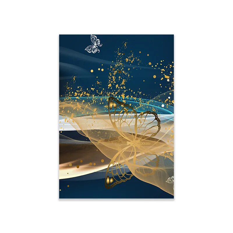 Blue Golden Butterflies Abstract Geometry Wall Art Fine Art Canvas Prints Modern Abstract Auspicious Pictures For Living Room Wall Decor