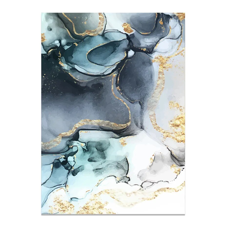 Nordic Abstract Shades Of Golden Blue Liquid Marble Print Wall Art Fine Art Canvas prints For Living Room Dining Room Bedroom Art Decor