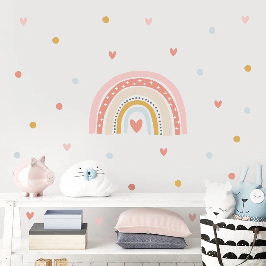 Cute Pink Rainbow Love Hearts Nursery Wall Decals Removable Self Adhesive PVC Wall Stickers Baby Girl's Room Creative DIY Home Decor