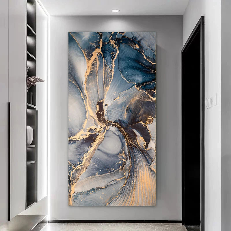 Set of 3Pcs Abstract Golden Blue Liquid Marble Print Wall Art Fine Art Canvas Prints Pictures For Modern Living Room Bedroom Home Office Decor