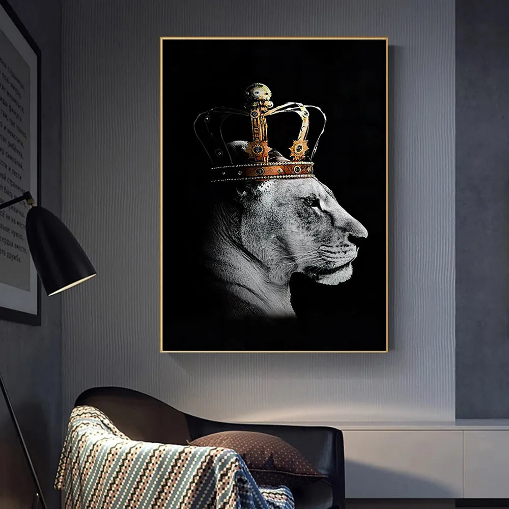 Black White Golden Lion King Queen Wall Art Fine Art Canvas Prints Modern Pictures For Luxury Living Room Bedroom Wall Art Decoration
