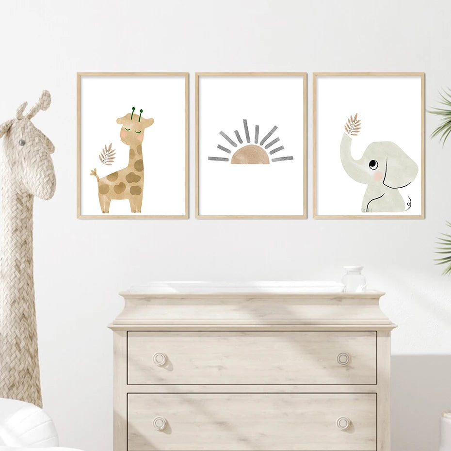 Watercolor Cartoon Animals Sun & Rainbow Nursery Wall Art Fine Art Canvas Prints Cute Pictures For Baby's Room Kid's Room Nordic Home Decor