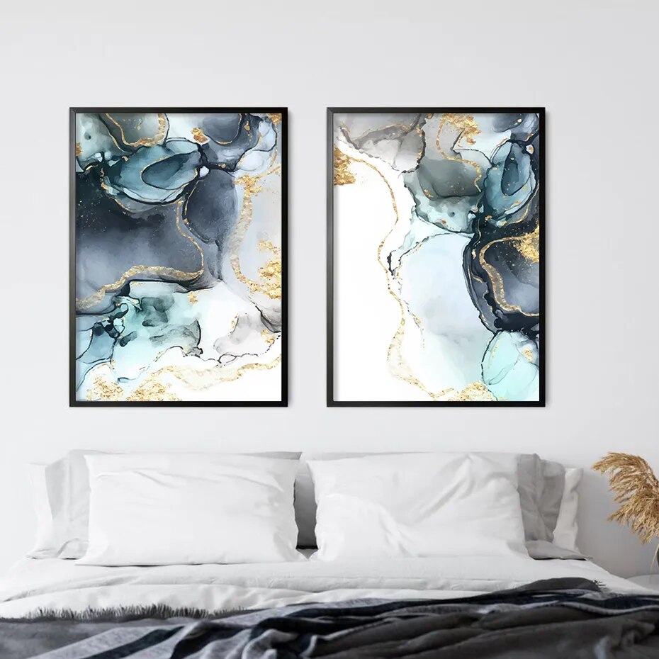 Nordic Abstract Shades Of Golden Blue Liquid Marble Print Wall Art Fine Art Canvas prints For Living Room Dining Room Bedroom Art Decor