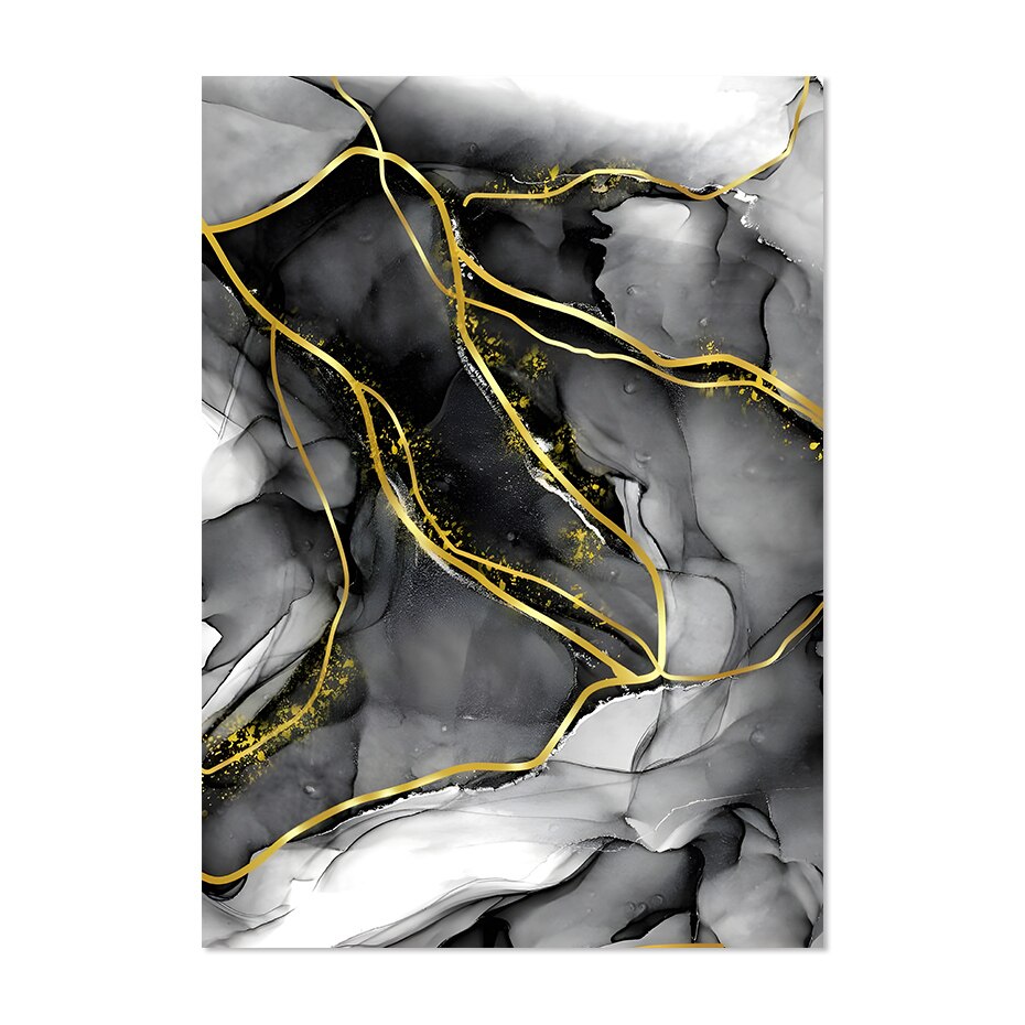 Black Gray Golden Vein Marble Wall Art Fine Art Canvas Prints Pictures For Modern Apartment Living Room Home Office Decor