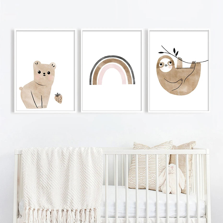 Watercolor Cartoon Animals Sun & Rainbow Nursery Wall Art Fine Art Canvas Prints Cute Pictures For Baby's Room Kid's Room Nordic Home Decor