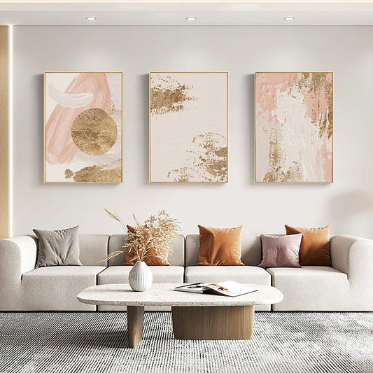 Pink Beige Golden Abstract Wall Art Fine Art Canvas Prints Pictures For Modern Living Room Bedroom Hotel Room Art Decor