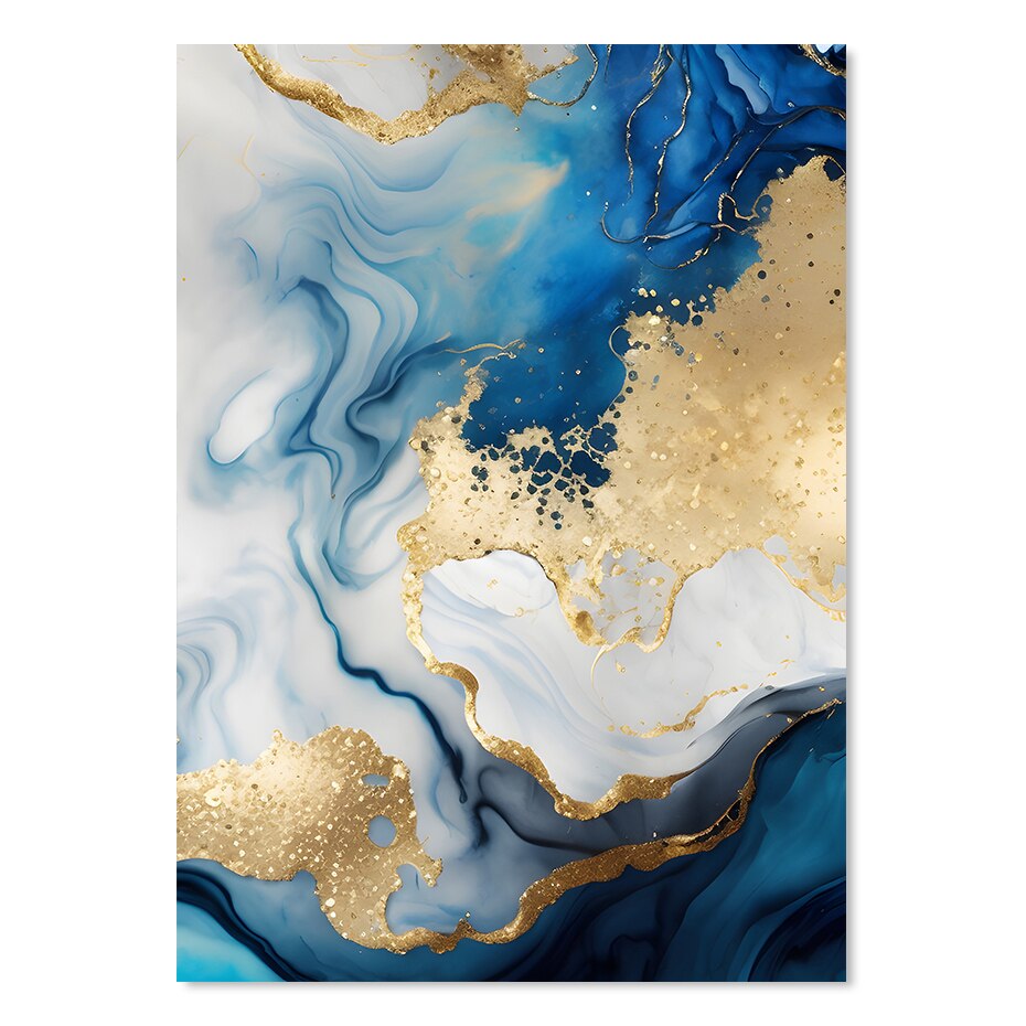 Abstract Liquid Blue Golden Marble Print Wall Art Fine Art Canvas Prints Pictures For Modern Living Room Bedroom Home Office
