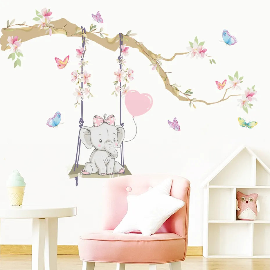 Cute Baby Elephant Balloons & Butterflies Wall Stickers For Children's Nursery Room Removable Peel & Stick Wall Decals For Creative DIY Home Decor