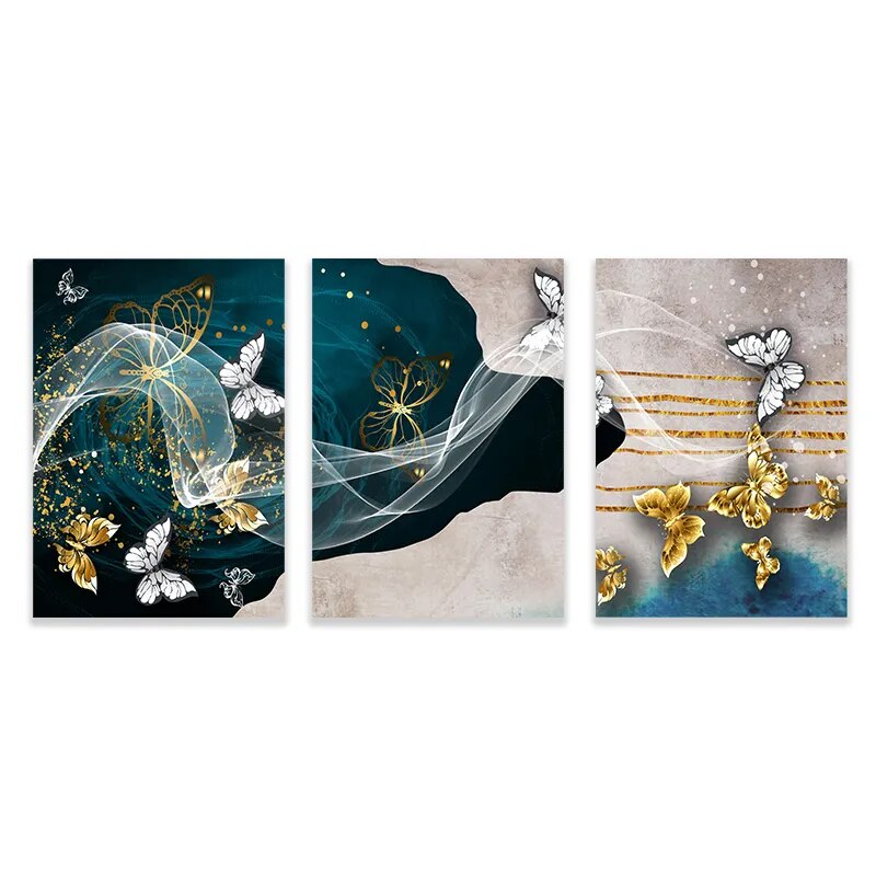 Blue Golden Butterflies Abstract Geometry Wall Art Fine Art Canvas Prints Modern Abstract Auspicious Pictures For Living Room Wall Decor