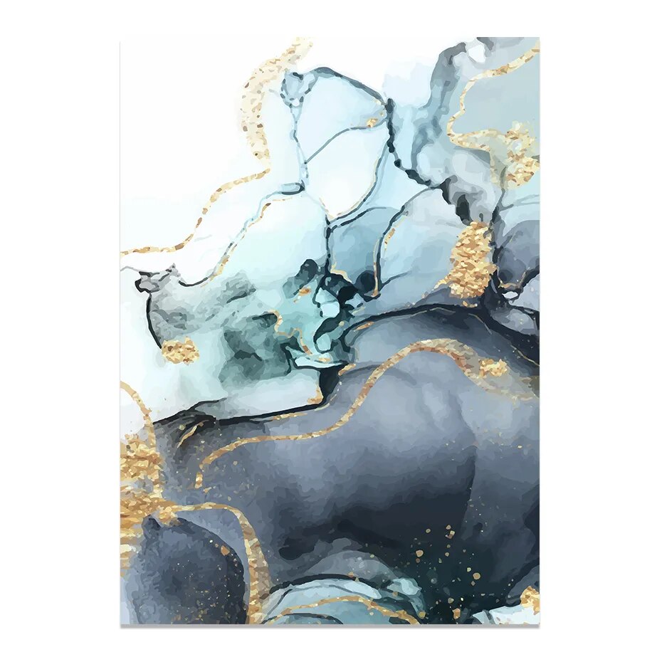 Nordic Abstract Shades Of Golden Blue Liquid Marble Print Wall Art Fine Art Canvas prints For Living Room Dining Room Bedroom Art Decor