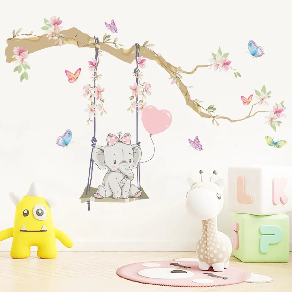 Cute Baby Elephant Balloons & Butterflies Wall Stickers For Children's Nursery Room Removable Peel & Stick Wall Decals For Creative DIY Home Decor