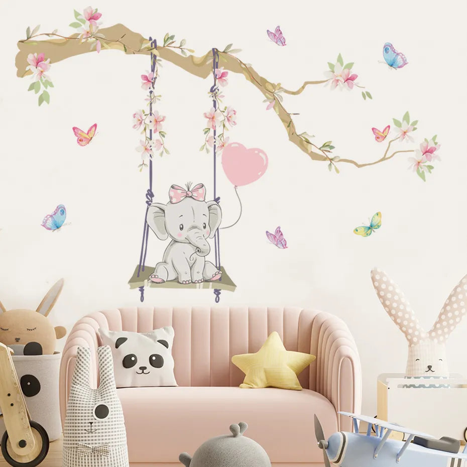 Cute Baby Elephant Balloons & Butterflies Wall Stickers For Children's Nursery Room Removable Peel & Stick Wall Decals For Creative DIY Home Decor