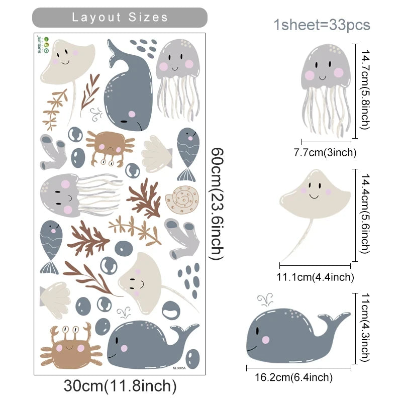 Sea Horse Turtle Whale Wall Ocean Animals Decals Removable PVC Vinyl Wall Sticker For Children's Nursery Room Kid's Playroom Creative Decor