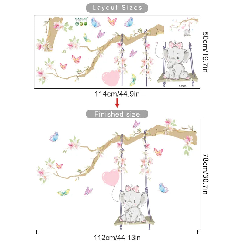 Cute Baby Elephant Balloons & Butterflies Wall Stickers For Children's Nursery Room Removable Peel & Stick Wall Decals For Creative DIY Home Decor