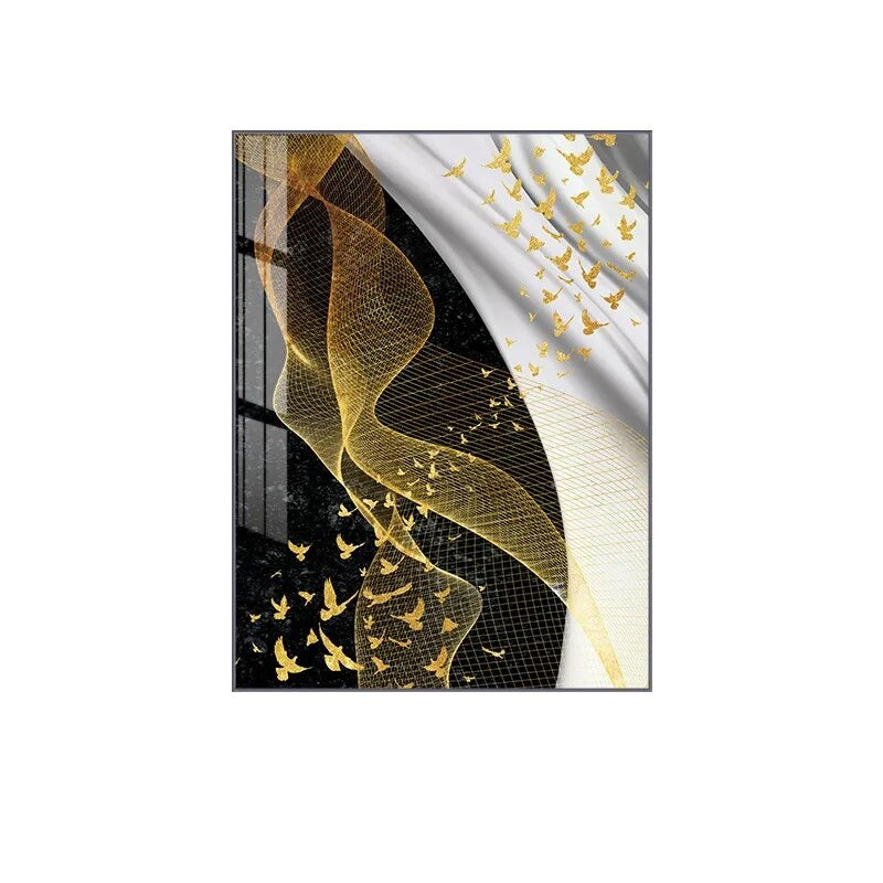 Modern Abstract Birds Flowing Wall Art Fine Art Canvas Prints Black White Nordic Golden Pictures For Luxury Apartment Living Room Home Office Decor